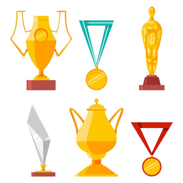 مجموعه کارتونی وکتور جوایز مدال‌ها جام‌ها و جوایز جدا شده روی پس‌زمینه سفید