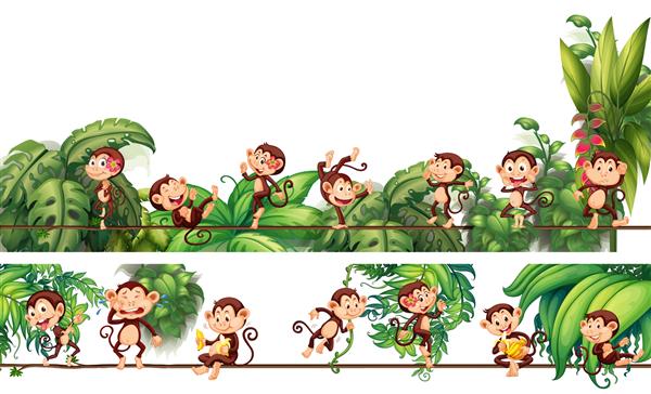 شخصیت های کارتونی میمون های مختلف روی طناب با برگ استوایی