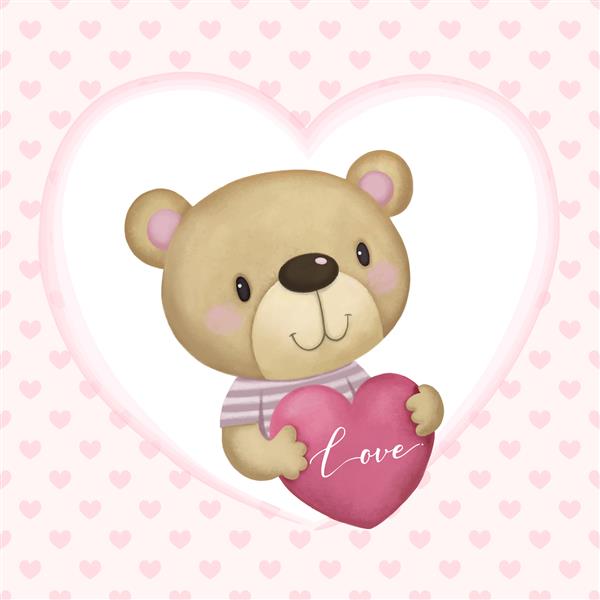 کارت روز ولنتاین با خرس عروسکی بامزه که بالشی به شکل قلب صورتی روی الگوی قلب را در آغوش گرفته است