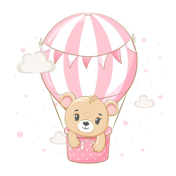 یک دختر خرس عروسکی بامزه در حال پرواز در یک بالون است تصویر برداری از یک کارتون