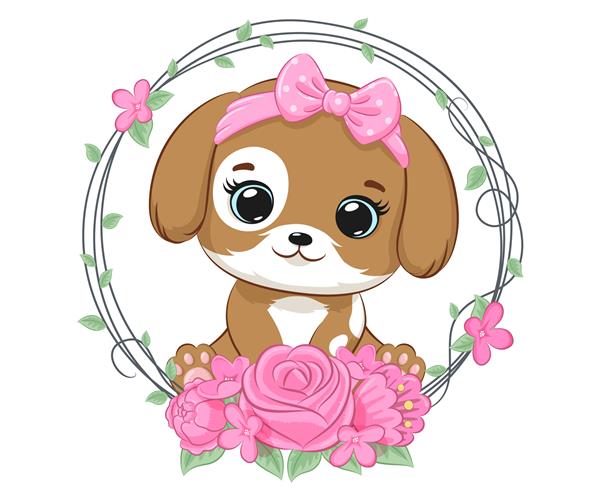 دختر سگ کوچولوی ناز و یک تاج گل جشن تصویر برداری کارتونی