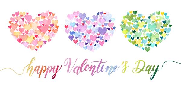 مجموعه ای از قلب های آبرنگ رنگارنگ با دست نوشته شده برای روز ولنتاین