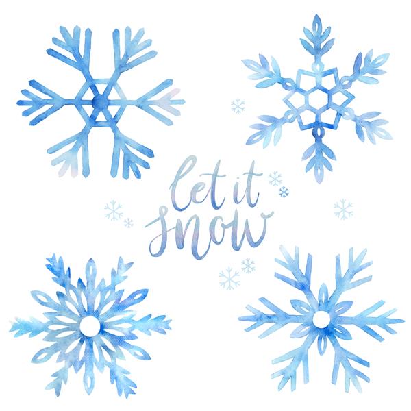 مجموعه ای از دانه های برف آبرنگ آبی رنگ شده با دست نوشته let it snow