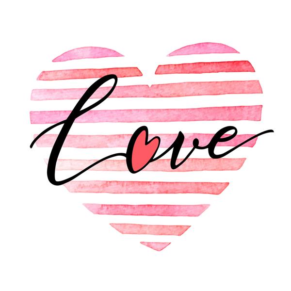 کارت روز ولنتاین با کلمه عشق و آبرنگ نوارهای صورتی و قرمز به شکل قلب