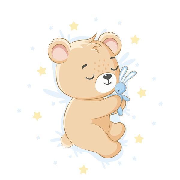 یک خرس عروسکی بامزه در حالی که یک اسباب بازی اسم حیوان دست اموز را در آغوش گرفته است خوابیده است برای یک پسر تصویر برداری از یک کارتون