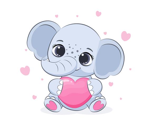 یک فیل بامزه قلب را در دستان خود نگه می دارد روز ولنتاین تصویر برداری از یک کارتون