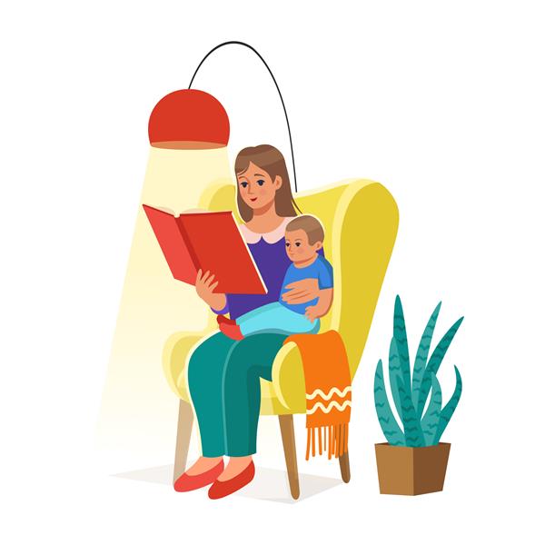 مادر در حال خواندن برای فرزندش روی صندلی راحتی و کودکی که در خانه با هم وقت می گذراند