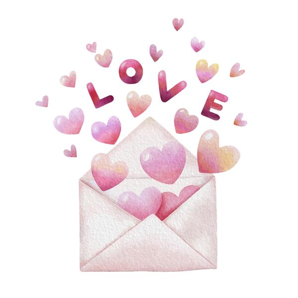 قلب هایی که از پاکت باز شده در نامه عاشقانه به سبک آبرنگ برای روز ولنتاین پرواز می کنند