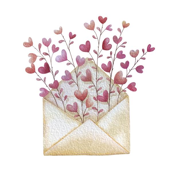 پاکت باز شده با شاخه های گل قلب نامه عاشقانه برای روز ولنتاین