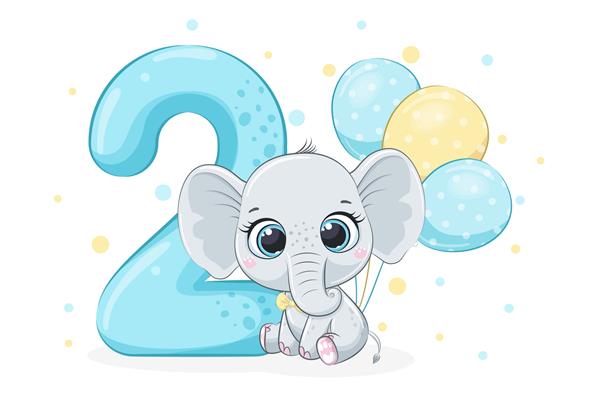 تصویر کارتونی تولدت مبارک 2 ساله عکس وکتور بچه فیل زیبا