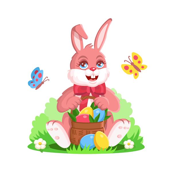 اسم حیوان دست اموز عید پاک با سبدی از خرگوش کارتونی سنبل تخم مرغ با کمان قرمز جدا شده نشسته است