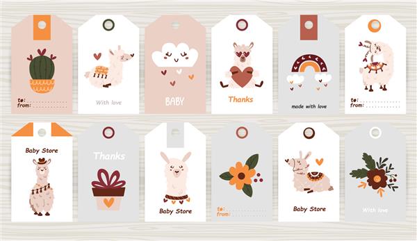 مجموعه ای از برچسب ها با لاما و اقلام مناسب برای بسته بندی محصولات فروشگاه کودک