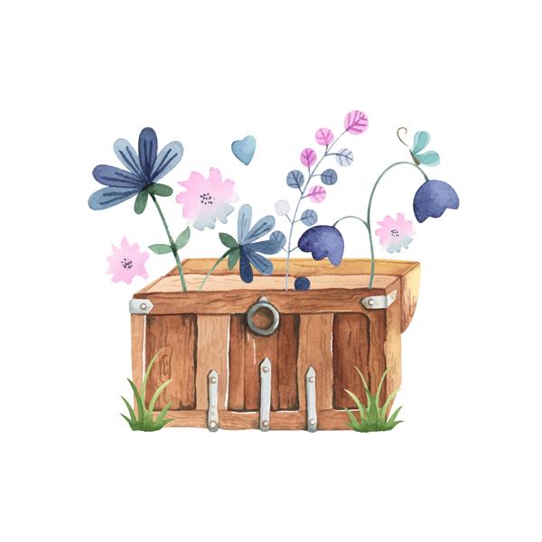 صندوقچه چوبی باز با گل و گیاه آبرنگ