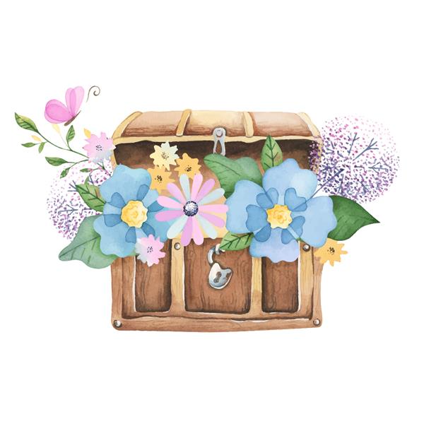صندوقچه چوبی باز با گل و گیاه آبرنگ