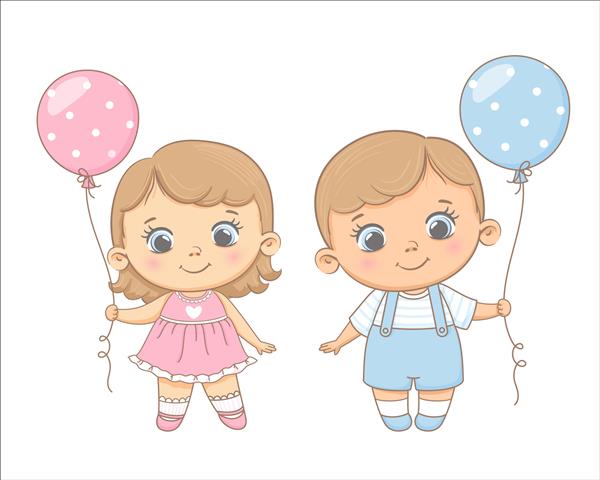 تصویر برداری از یک کارتون دختر و پسر ناز با بادکنک در دستانشان