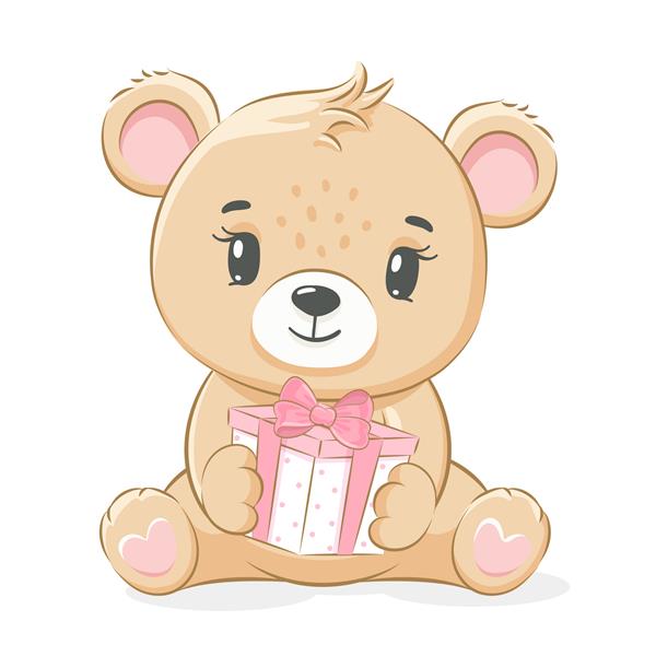 یک دختر خرس عروسکی بامزه نشسته است و تصویر وکتور هدیه یک کارتونی را در دست دارد