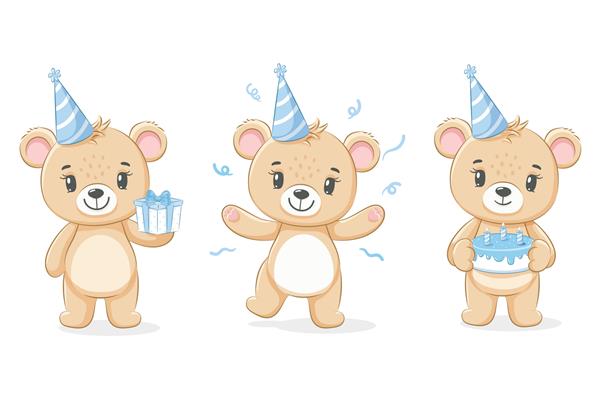 یک خرس عروسکی بامزه برای تصویر برداری کارتونی یک پسر تولدت مبارک را به شما تبریک می گوید