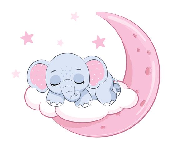 تصویر برداری کارتونی دختر فیل ناز در خواب روی ماه