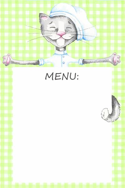 الگوی آبرنگ با سرآشپز گربه برای دستور العمل های منو برنامه های رژیم های غذایی خنده دار
