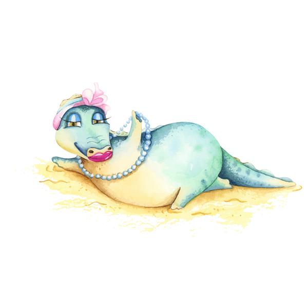 شخصیت خنده دار آبرنگ تمساح در ساحل