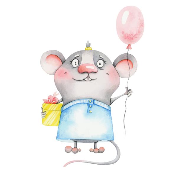 موش کوچولوی ناز با یک بادکنک و یک تصویر آبرنگ هدیه ایx9