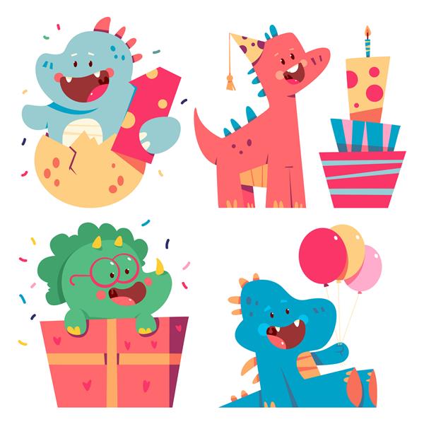 دایناسورهای ناز تولد را جشن می گیرند وکتور شخصیت های کارتونی جدا شده روی پس زمینه سفید