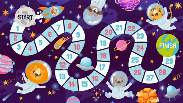 کارتونی بازی تخته فضایی برای بچه ها با حیوانات نقشه مسیر فضانوردان برای کودکان قالب وکتور بازی استراتژی مسابقه کیهان بازی تاس کهکشانی