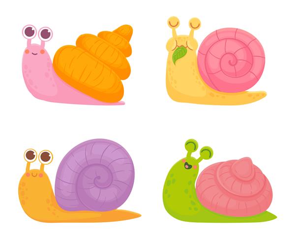 حلزون های کارتونی حیوانات رنگارنگ آهسته با پوسته مارپیچ در حال خزیدن شخصیت های دوستانه در حال خنده و خوردن برگ