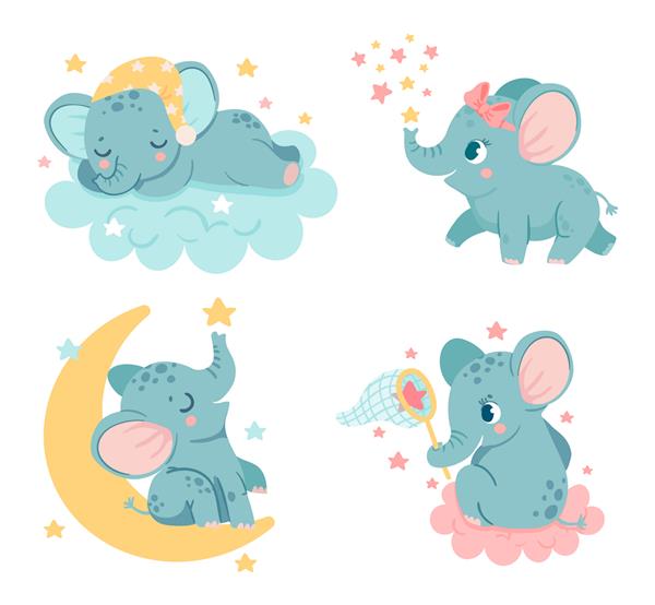 شخصیت‌های بچه فیل‌های کارتونی بامزه در خواب در خواب روی ابرهای کرکی حیوان شایان ستایش نشسته روی ماه
