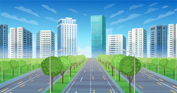 جاده به نمای شهر از پس‌زمینه منظره شهری با تصویر برداری کارتونی پانورامای شهر درختی