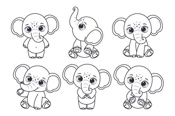مجموعه ای از خطوط تصویر برداری فیل های زیبا از یک کارتون