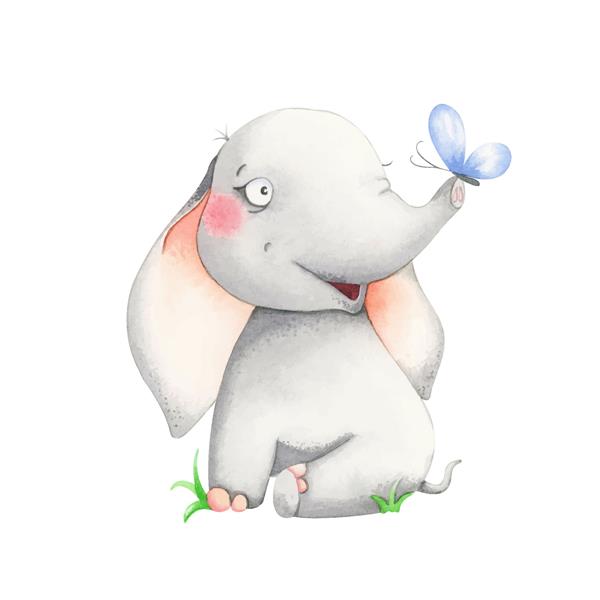بچه فیل با حیوانات آبرنگ پروانه ای جدا شده در پس زمینه سفید برای دعوت نامه تولد چاپ کارت پستال پوستر تزئینات نوزاد حمام نوزاد