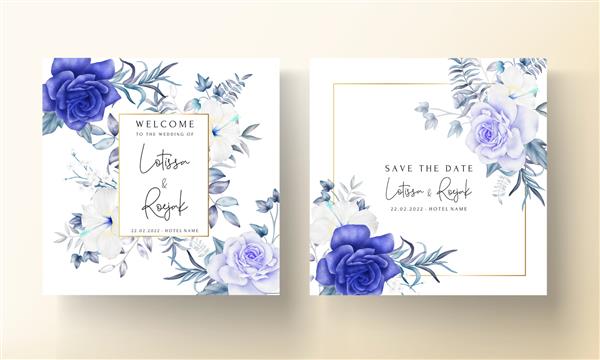 قالب کارت دعوت عروسی با گل های آبی زیبا