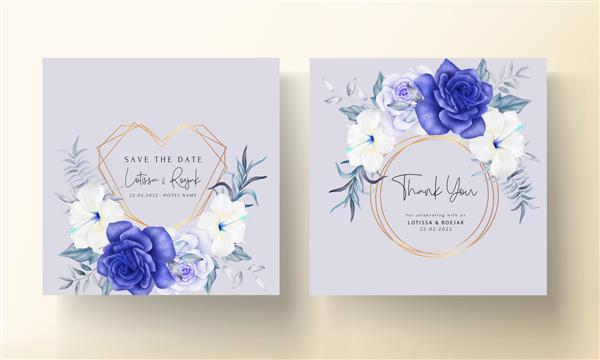 قالب کارت دعوت عروسی با گل های آبی زیبا