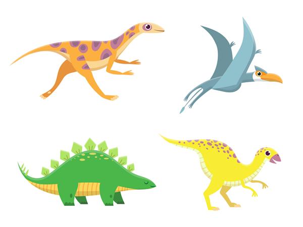دایناسورهای ناز دایناسورهای کارتونی بامزه داینا دویدن ایستاده و پرواز شخصیت های رنگارنگ دوستانه برای کودکان