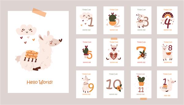 کارت های ماهانه کودک با قالب های کارت های قابل چاپ لاماهای زیبا