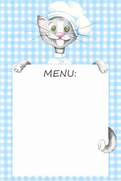 الگوی آبرنگ با سرآشپز گربه برای دستور العمل های منو برنامه های رژیم غذایی گربه خنده دار