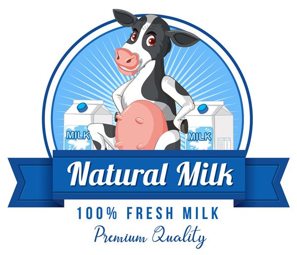 لوگوی برچسب شیر طبیعی با کارتونی گاو شیری