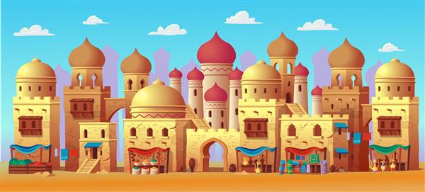 پانورامای شهر باستانی عربی با خانه ها و تصویر برداری بازار عربی به سبک کارتونی