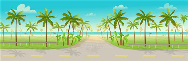 جاده بر فراز جزیره گرمسیری با تصویر برداری از درختان نخل از جزیره گرمسیری به سبک کارتونی