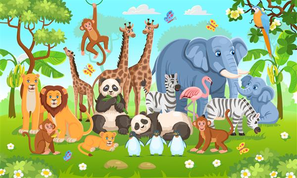 مجموعه حیوانات باغ وحش پاندا زرافه فیل گورخر فیل پنگوئن میمون طوطی فلامینگو