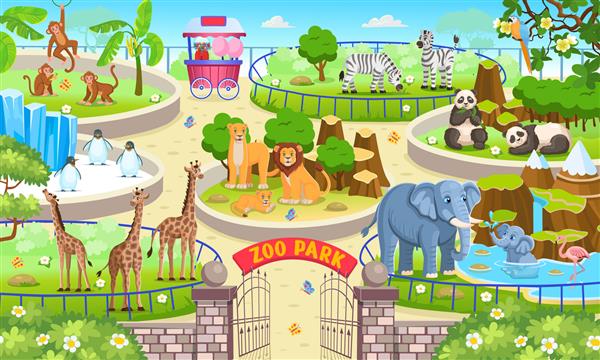 نقشه باغ وحش با محوطه با حیوانات ورودی پارک در فضای باز با بوته های سبز زرافه پاندا
