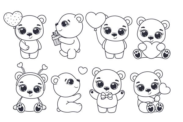 مجموعه ای از خطوط خرس های ناز برای روز ولنتاین وکتور تصویر کارتونی