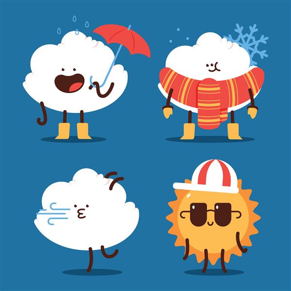 شخصیت های آب و هوای بامزه با مجموعه کارتونی وکتور ابر و خورشید خنده دار جدا شده در پس زمینه سفید