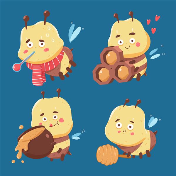 شخصیت‌های کارتونی بامزه زنبور عسل جدا شده روی پس‌زمینه