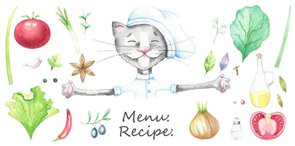 مجموعه آبرنگ با گربه سرآشپز برای منوها دستور العمل برنامه های رژیم غذایی مجموعه سبزیجات و ادویه جات گربه خنده دار
