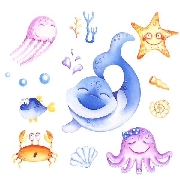 مجموعه آبرنگ حیوانات کارتونی ساکنان دریا