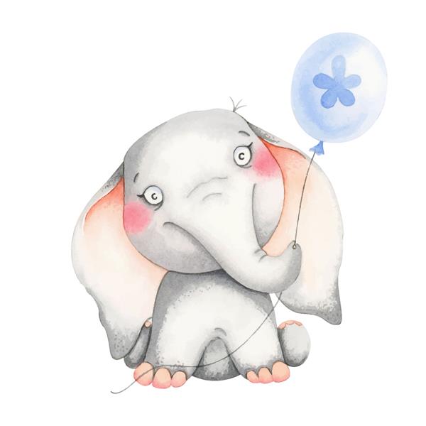 بچه فیل با بالون حیوانات آبرنگ جدا شده در پس زمینه سفید