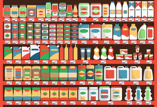 قفسه های رنگارنگ سوپرمارکت با تصویر برداری محصولات و نوشیدنی ها