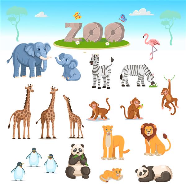 مجموعه باغ وحش با حیوانات تصویر وکتور کارتونی پاندا زرافه فیل گورخر فیل